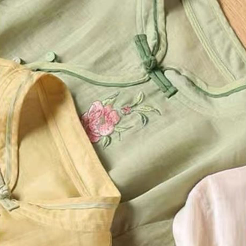 Camisa de lino y algodón para mujer, estilo casual, vintage, con bordado de flores y botones de rana china, cuello redondo - image 13