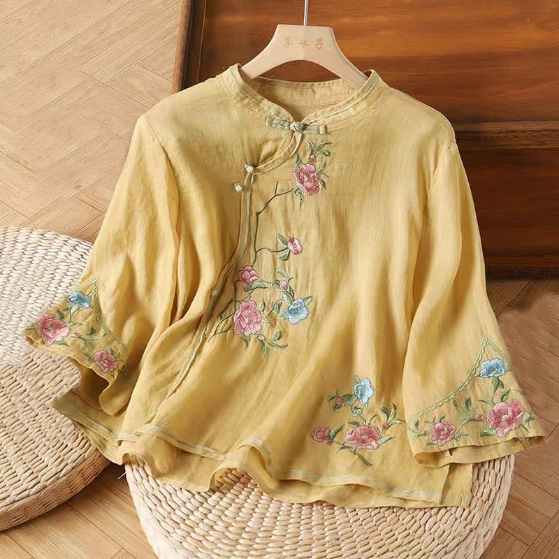 Camisa de lino y algodón para mujer, estilo casual, vintage, con bordado de flores y botones de rana china, cuello redondo - Oro - US12, UK/AU16, EU44 (3XL) - image 4