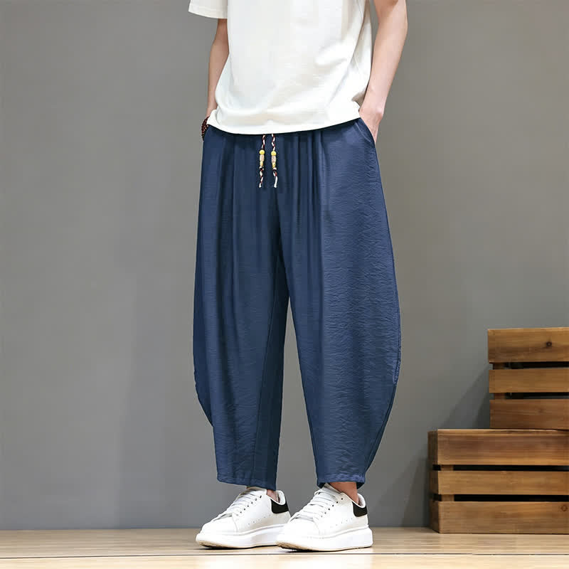 Buddha Stones Pantalones cortos minimalistas informales de verano con cordón ajustable, pantalones harem para hombre con bolsillo. - Marina de guerra - US/UK/AU46, EU56 (5XL) - image 0