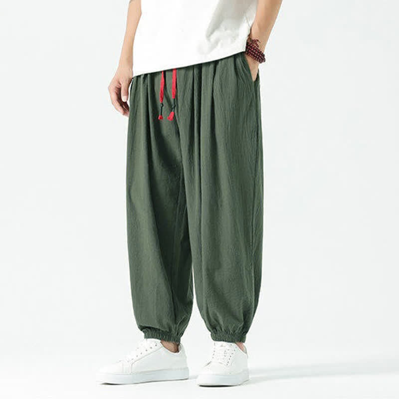 Buddha Stones Pantalones cortos de algodón liso estilo boho con cordón ajustable, estilo harem para hombre, con bolsillo. - image 30
