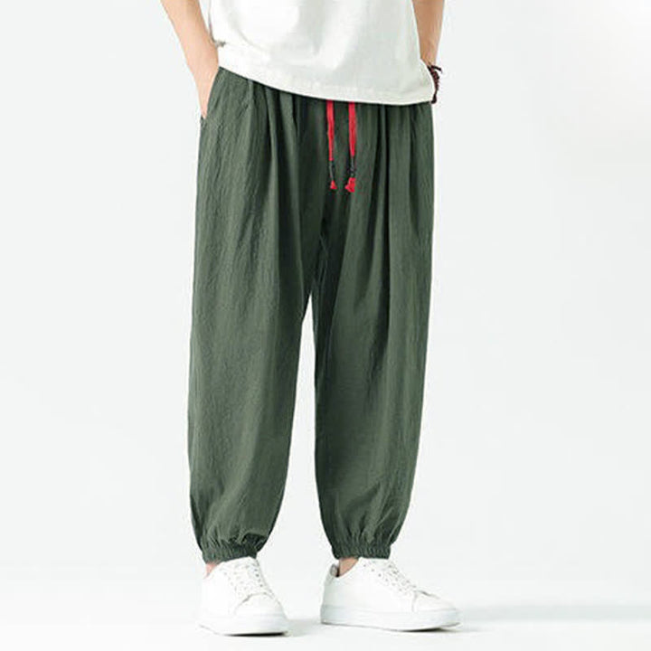Buddha Stones Pantalones cortos de algodón liso estilo boho con cordón ajustable, estilo harem para hombre, con bolsillo. - image 29
