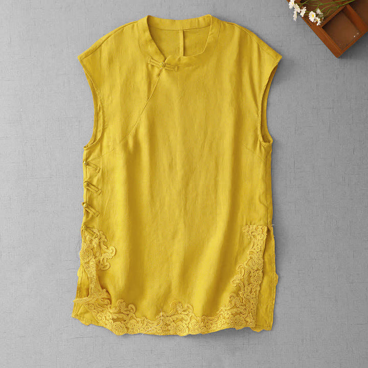 Buddha Stones Chaleco de algodón sin mangas para mujer con cuello alto, diseño de patchwork de encaje y botones de rana chinos. - Oro - US12, UK/AU16, EU44 (2XL) - image 0