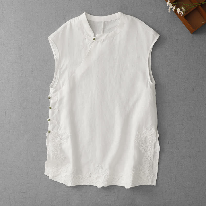 Buddha Stones Chaleco de algodón sin mangas para mujer con cuello alto, diseño de patchwork de encaje y botones de rana chinos. - Blanco - US12, UK/AU16, EU44 (2XL) - image 8