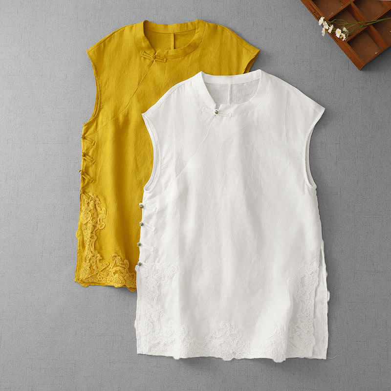 Buddha Stones Chaleco de algodón sin mangas para mujer con cuello alto, diseño de patchwork de encaje y botones de rana chinos. - image 19