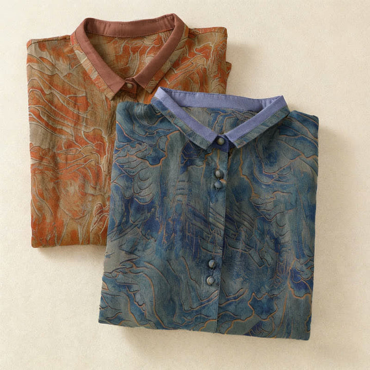 Buddha Stones Camisa de gasa de manga tres cuartos con cuello mandarín y estampado floral veraniego para mujer. - image 16