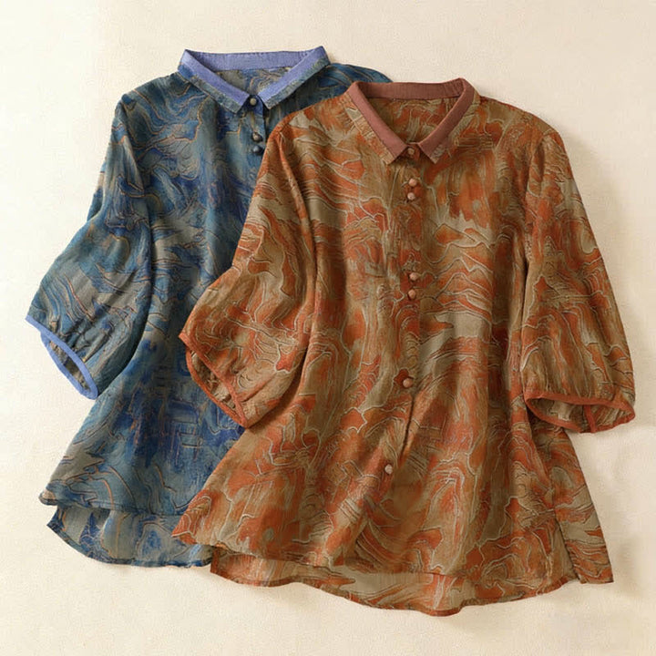 Buddha Stones Camisa de gasa de manga tres cuartos con cuello mandarín y estampado floral veraniego para mujer. - image 15
