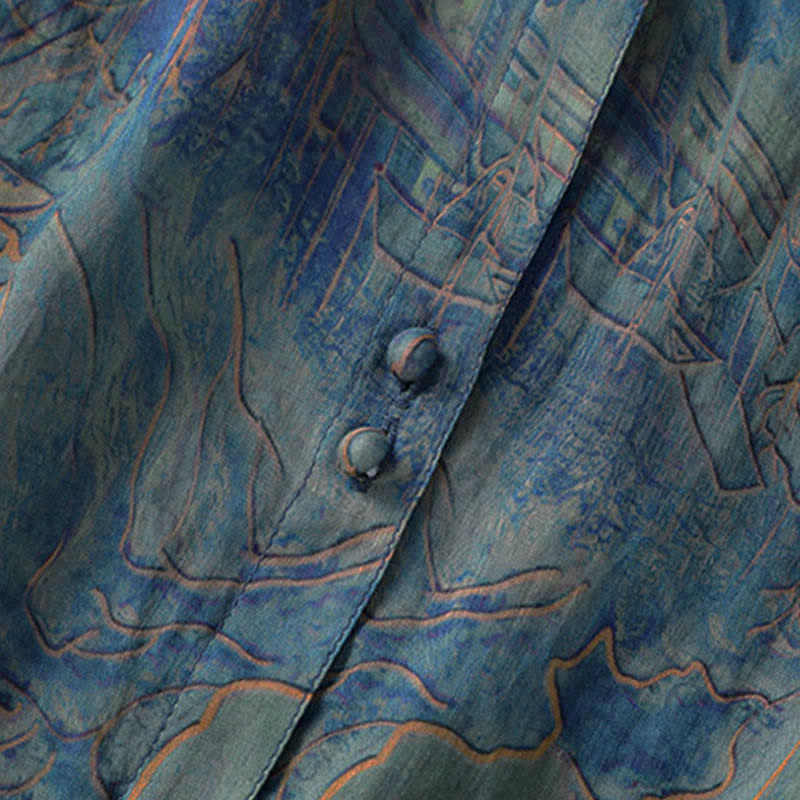 Buddha Stones Camisa de gasa de manga tres cuartos con cuello mandarín y estampado floral veraniego para mujer. - image 5