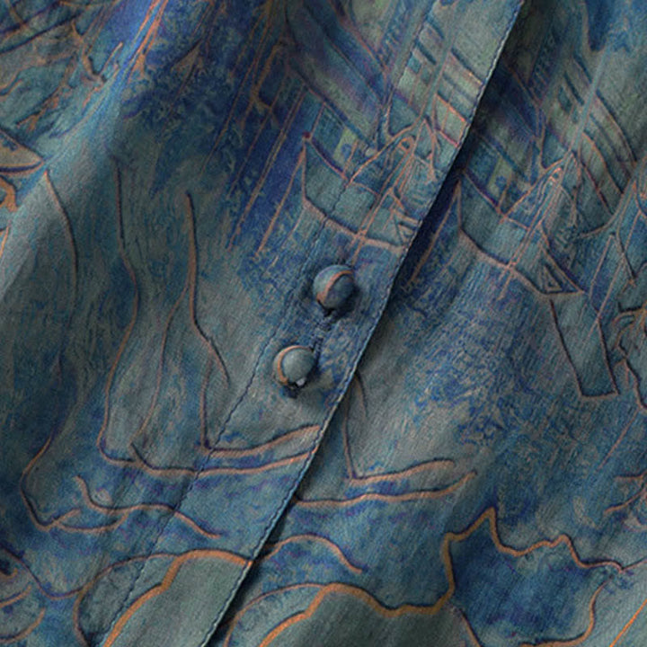 Buddha Stones Camisa de gasa de manga tres cuartos con cuello mandarín y estampado floral veraniego para mujer. - image 5