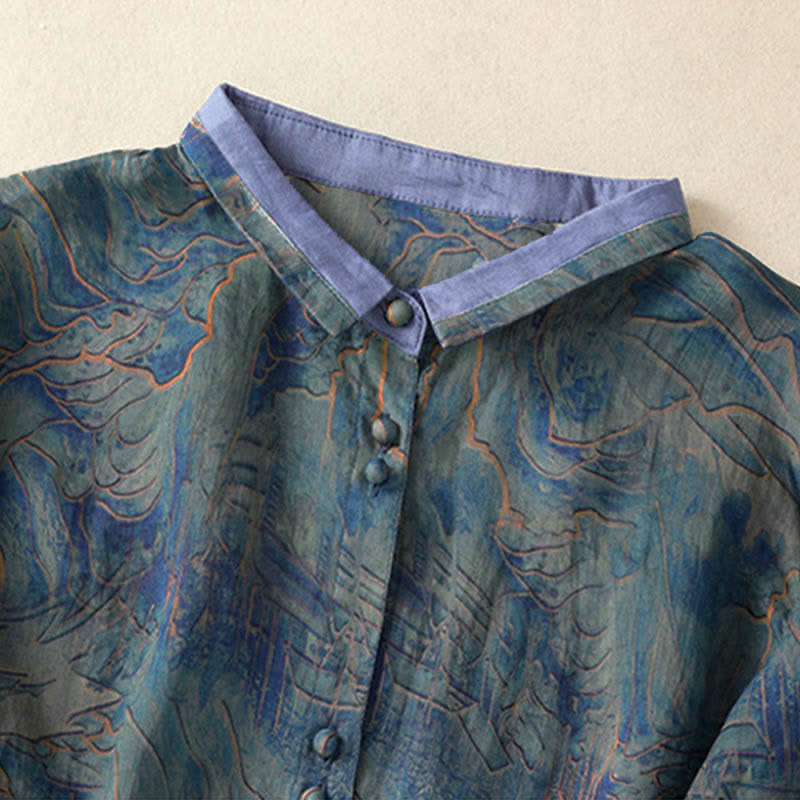 Buddha Stones Camisa de gasa de manga tres cuartos con cuello mandarín y estampado floral veraniego para mujer. - image 2