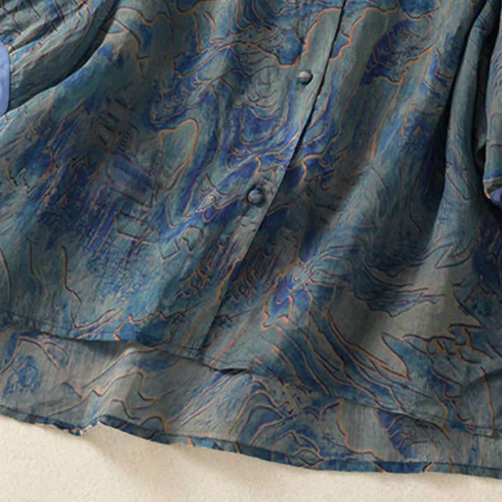 Buddha Stones Camisa de gasa de manga tres cuartos con cuello mandarín y estampado floral veraniego para mujer. - image 6
