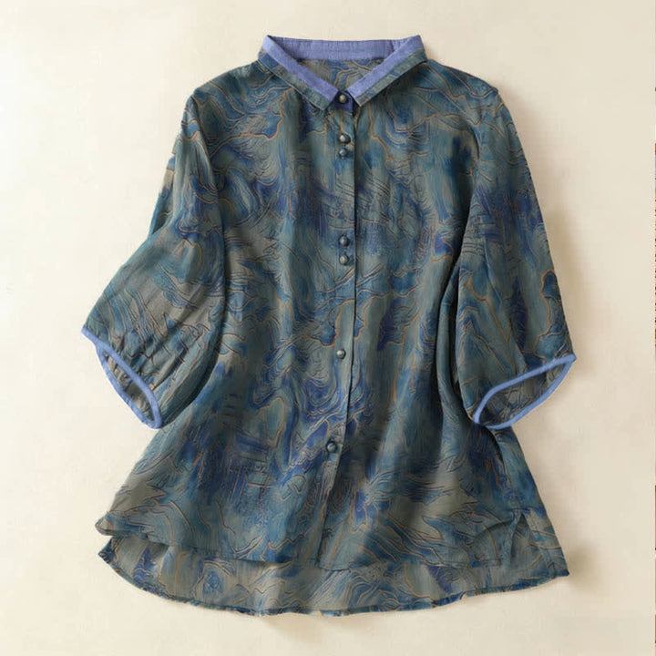 Buddha Stones Camisa de gasa de manga tres cuartos con cuello mandarín y estampado floral veraniego para mujer. - Azul cadete - US8-10，UK/AU12-14，EU40-42 (2XL) - image 0
