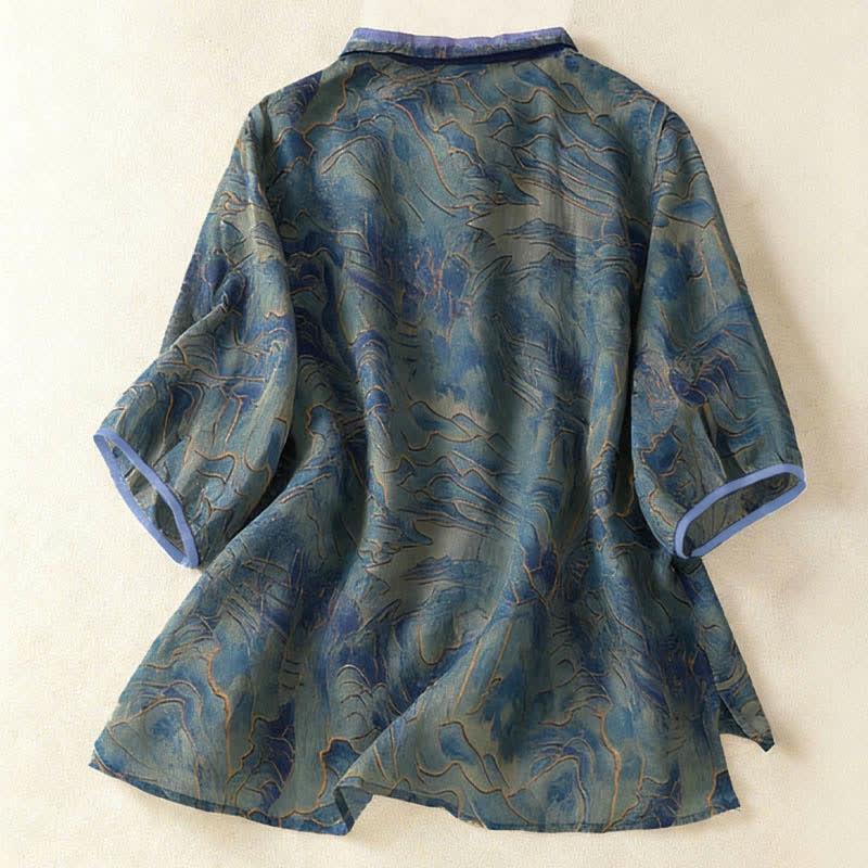 Buddha Stones Camisa de gasa de manga tres cuartos con cuello mandarín y estampado floral veraniego para mujer. - image 1