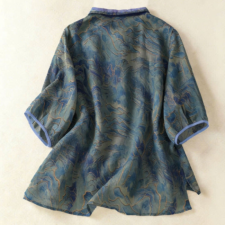 Buddha Stones Camisa de gasa de manga tres cuartos con cuello mandarín y estampado floral veraniego para mujer. - image 1