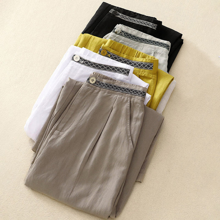 Pantalones de mujer con Buddha Stones, color liso, cierre frontal, cintura elástica y bolsillos. - image 33