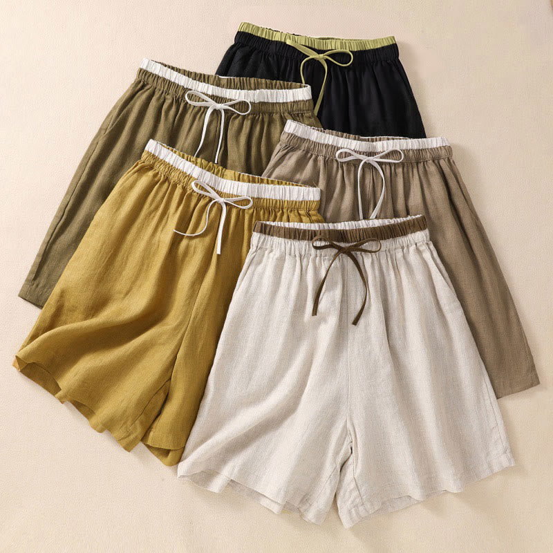 Pantalones cortos de lino y algodón con cintura con contraste de color liso y bolsillos para mujer con Buddha Stones - image 0