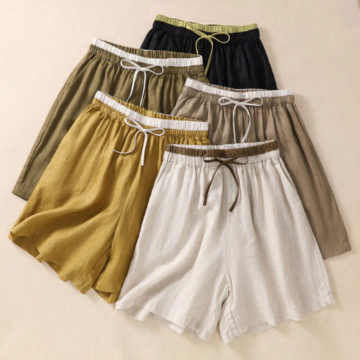 Pantalones cortos de lino y algodón con cintura con contraste de color liso y bolsillos para mujer con Buddha Stones - image 0