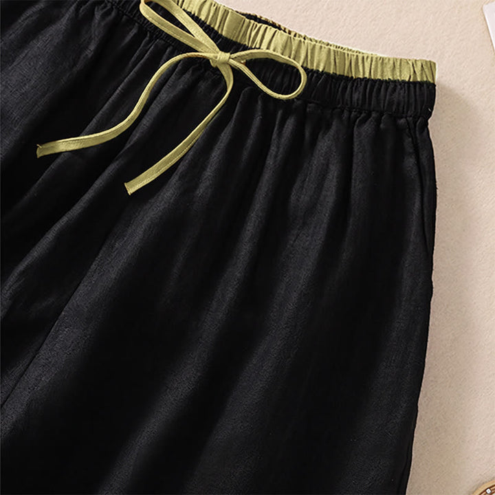 Pantalones cortos de lino y algodón con cintura con contraste de color liso y bolsillos para mujer con Buddha Stones - image 10