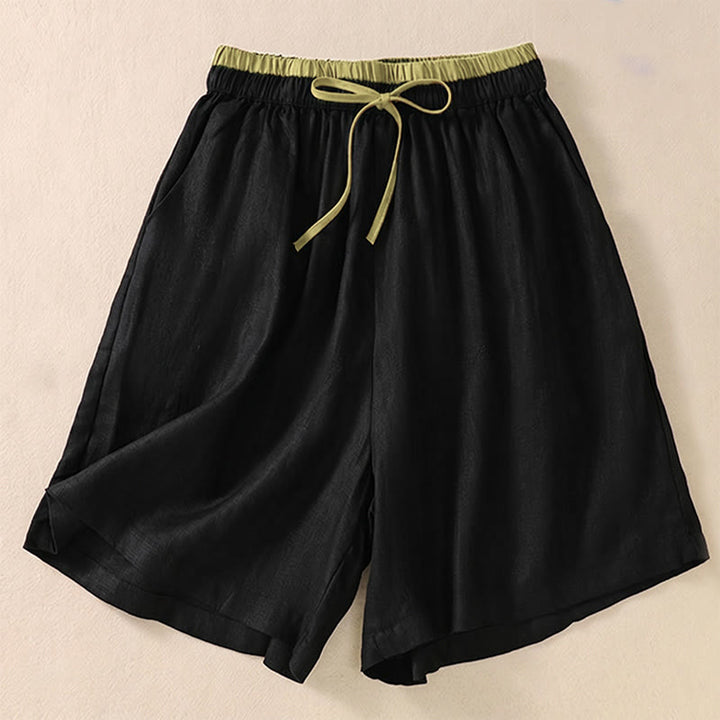 Pantalones cortos de lino y algodón con cintura con contraste de color liso y bolsillos para mujer con Buddha Stones - Negro - US8-10，UK/AU12-14，EU40-42 (2XL) - image 9