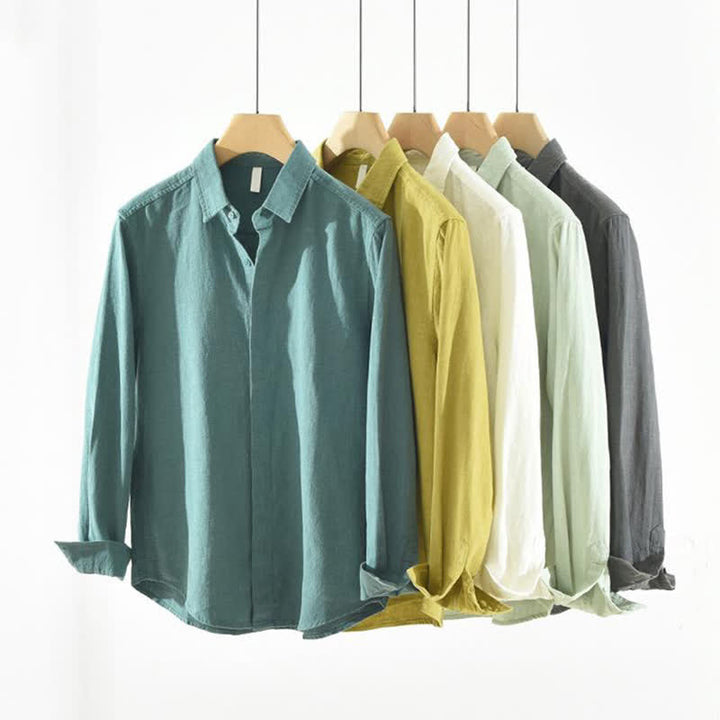 Buddha Stones Camisas de manga larga para hombre, estilo casual minimalista, con botones, de ramio liso, para primavera y otoño. - image 14