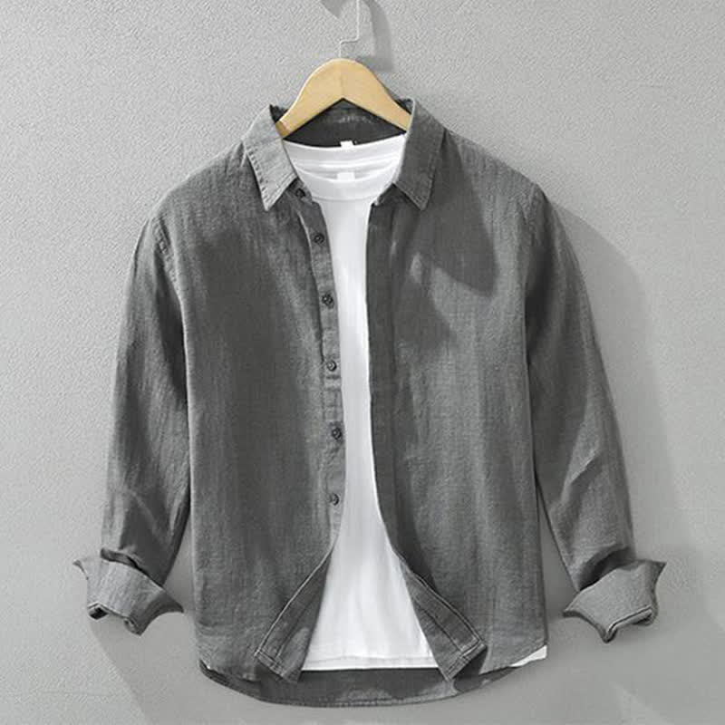 Buddha Stones Camisas de manga larga para hombre, estilo casual minimalista, con botones, de ramio liso, para primavera y otoño. - Gris oscuro - US/UK/AU42, EU52 (3XL) - image 0
