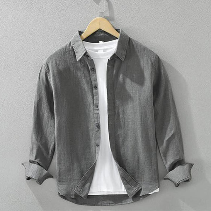Buddha Stones Camisas de manga larga para hombre, estilo casual minimalista, con botones, de ramio liso, para primavera y otoño. - Gris oscuro - US/UK/AU42, EU52 (3XL) - image 0
