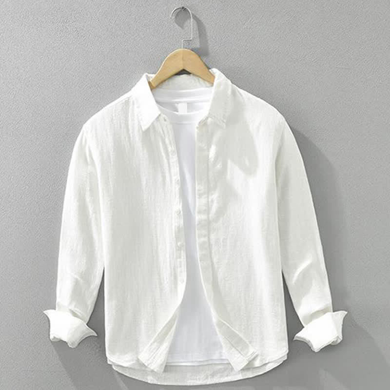 Buddha Stones Camisas de manga larga para hombre, estilo casual minimalista, con botones, de ramio liso, para primavera y otoño. - Blanco - US/UK/AU42, EU52 (3XL) - image 13