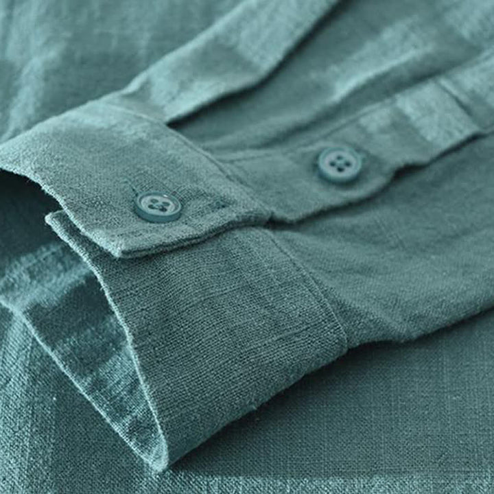 Buddha Stones Camisas de manga larga para hombre, estilo casual minimalista, con botones, de ramio liso, para primavera y otoño. - image 7