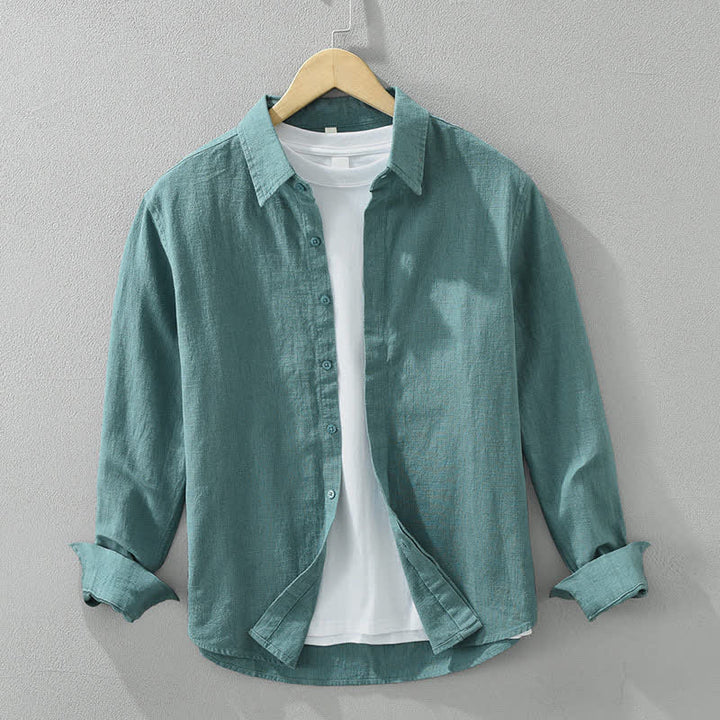Buddha Stones Camisas de manga larga para hombre, estilo casual minimalista, con botones, de ramio liso, para primavera y otoño. - Azul cadete - US/UK/AU42, EU52 (3XL) - image 4