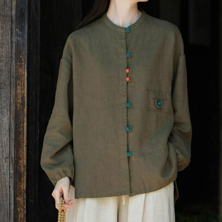 Buddha Stones Camisas de manga larga para mujer de ramio liso con botones de rana, estilo vintage, de otoño. - Aceituna - US4-8/10, UK/AU8-12/14, EU36-40/42 (F) - image 11