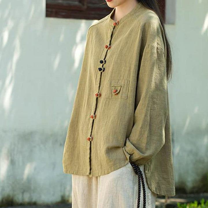 Buddha Stones Camisas de manga larga para mujer de ramio liso con botones de rana, estilo vintage, de otoño. - image 3