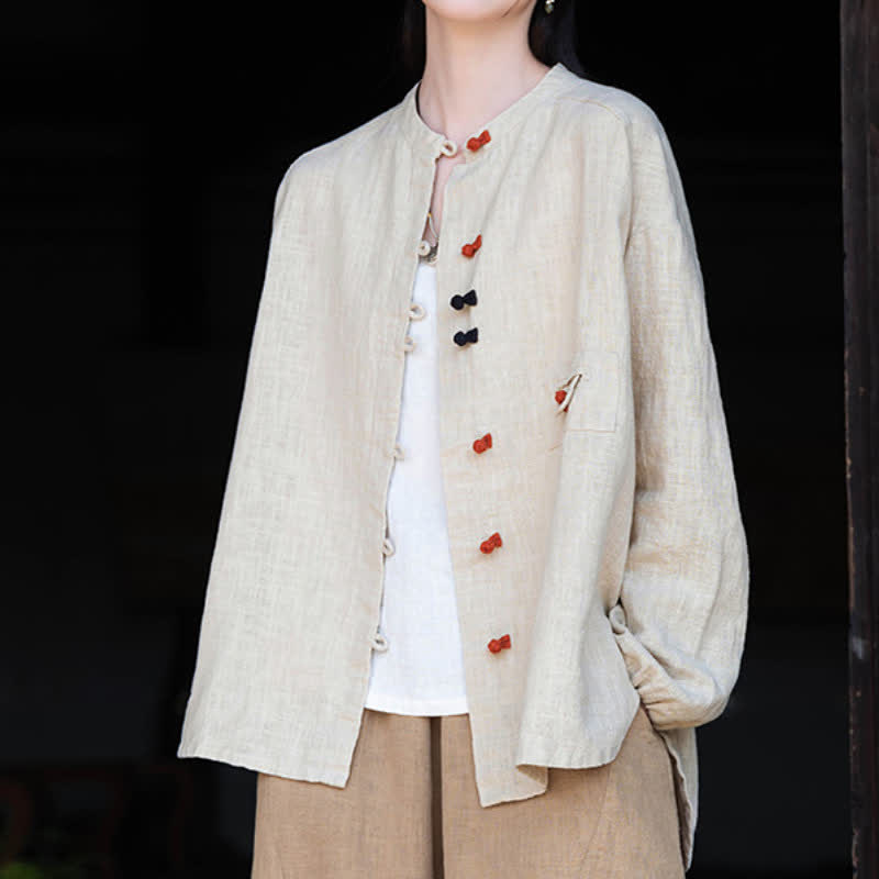 Buddha Stones Camisas de manga larga para mujer de ramio liso con botones de rana, estilo vintage, de otoño. - image 7