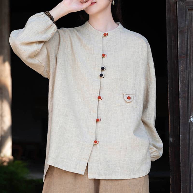 Buddha Stones Camisas de manga larga para mujer de ramio liso con botones de rana, estilo vintage, de otoño. - image 8