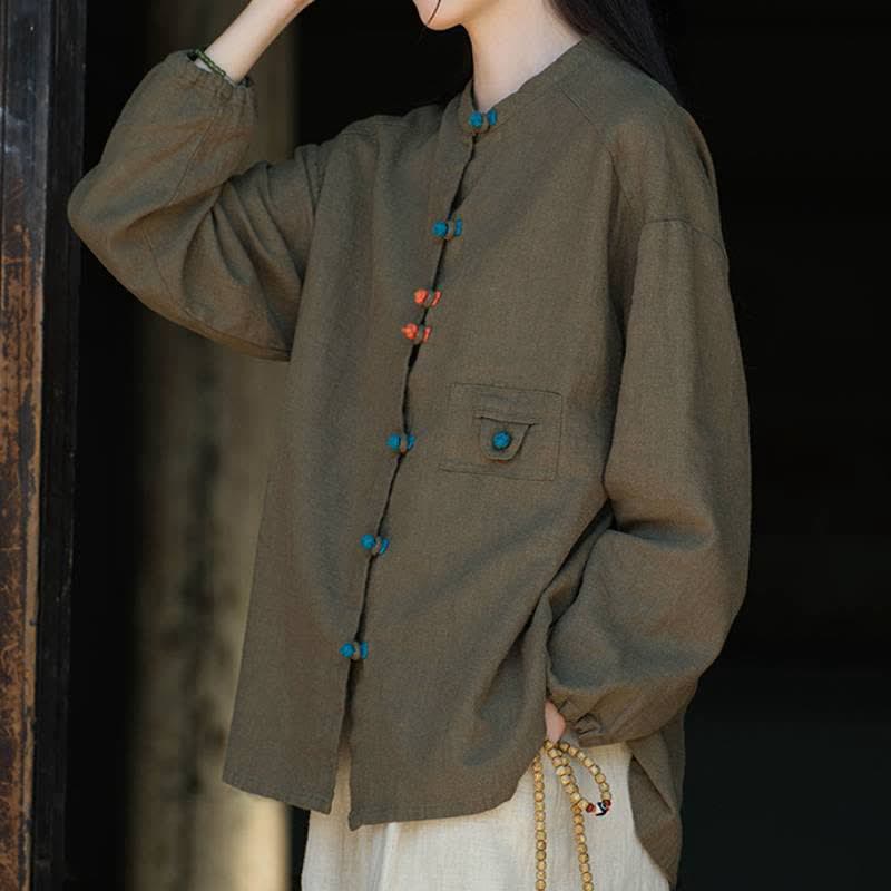 Buddha Stones Camisas de manga larga para mujer de ramio liso con botones de rana, estilo vintage, de otoño. - image 14
