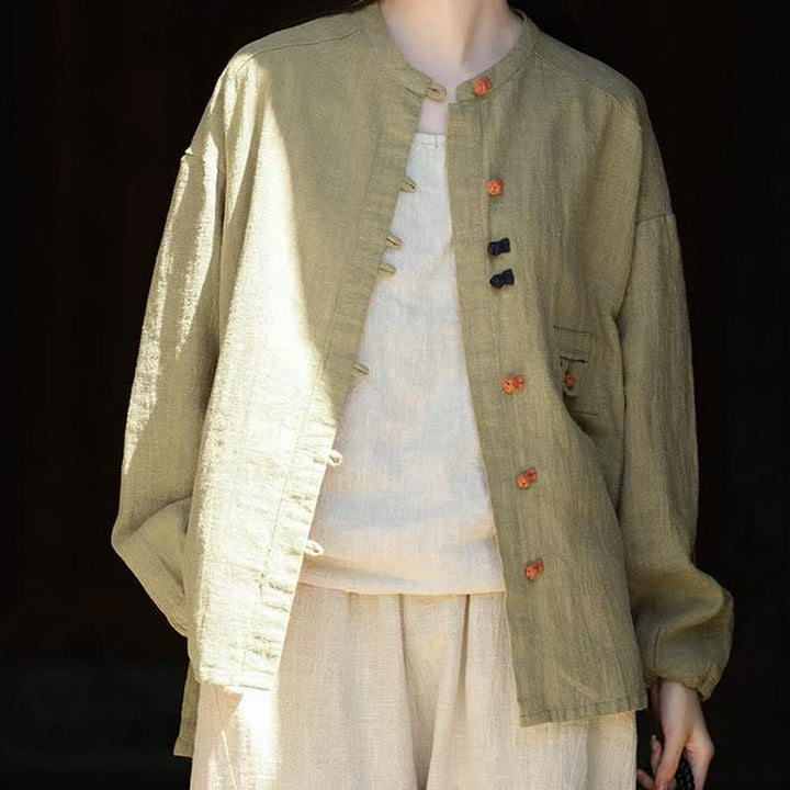Buddha Stones Camisas de manga larga para mujer de ramio liso con botones de rana, estilo vintage, de otoño. - image 2