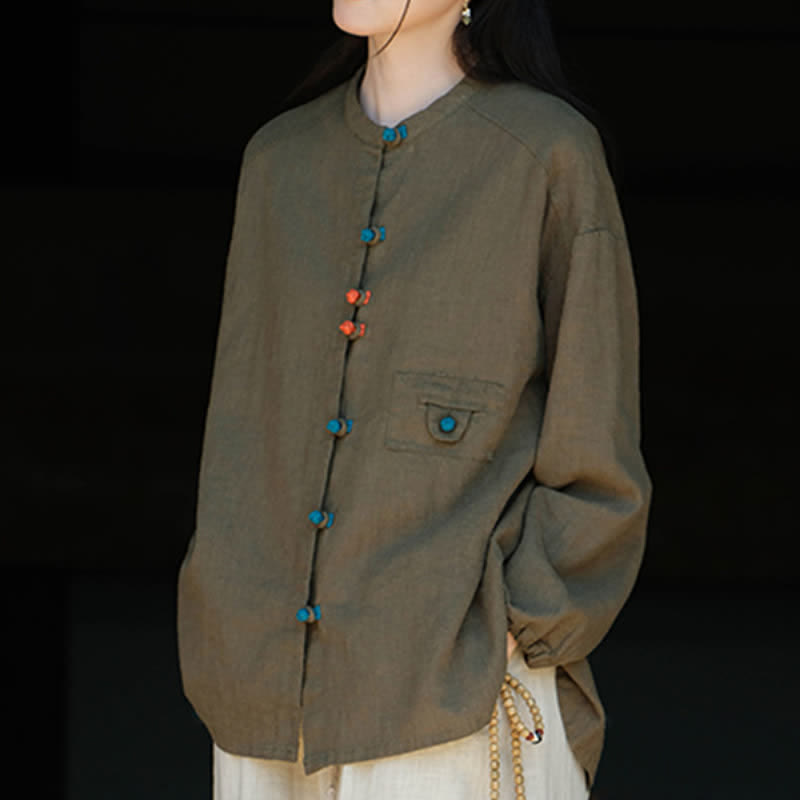 Buddha Stones Camisas de manga larga para mujer de ramio liso con botones de rana, estilo vintage, de otoño. - image 13