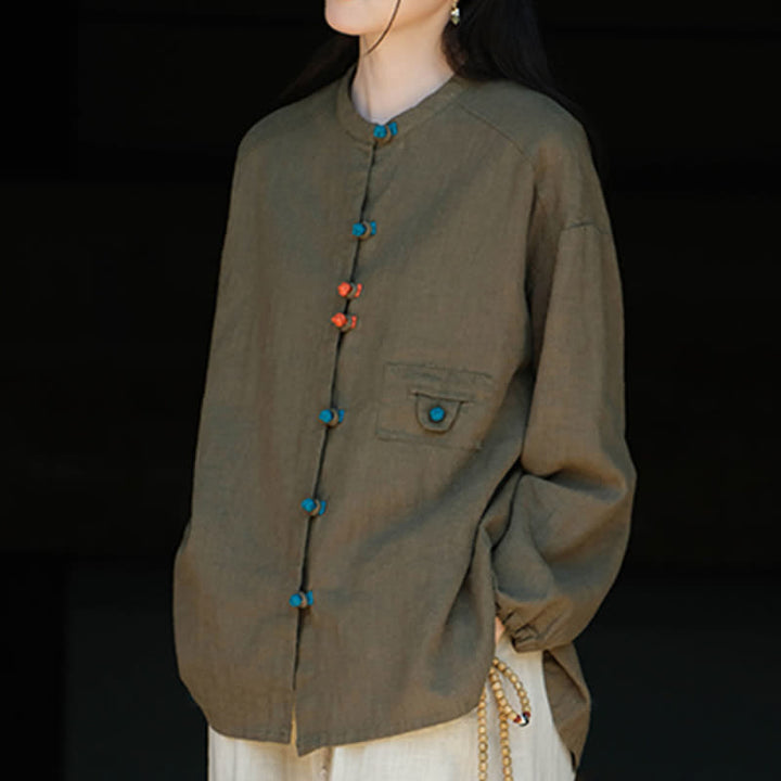 Buddha Stones Camisas de manga larga para mujer de ramio liso con botones de rana, estilo vintage, de otoño. - image 13