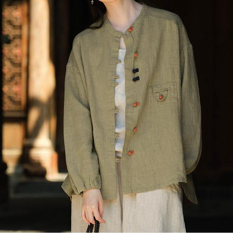 Buddha Stones Camisas de manga larga para mujer de ramio liso con botones de rana, estilo vintage, de otoño. - image 1