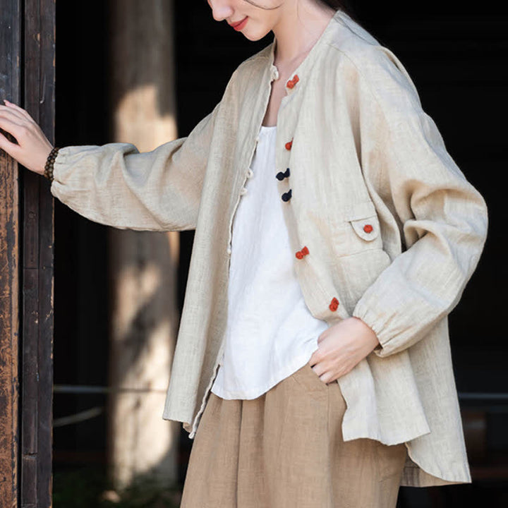 Buddha Stones Camisas de manga larga para mujer de ramio liso con botones de rana, estilo vintage, de otoño. - image 9