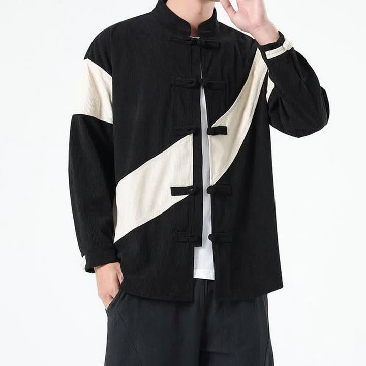 Buddha Stones Chaqueta de hombre de pana con botones de rana y estampado geométrico, estilo casual de otoño/invierno. - Marfil - US/UK/AU46, EU56 (5XL) - image 13