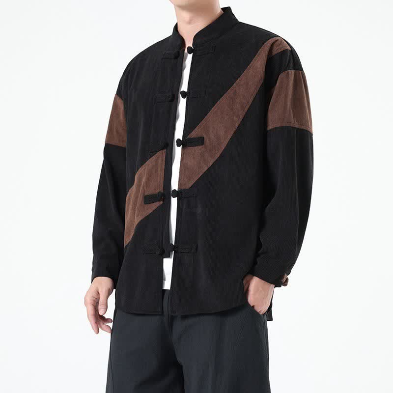 Buddha Stones Chaqueta de hombre de pana con botones de rana y estampado geométrico, estilo casual de otoño/invierno. - image 3