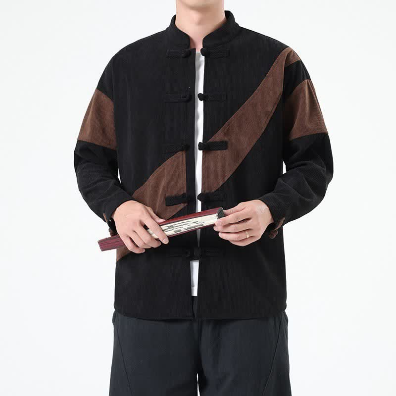 Buddha Stones Chaqueta de hombre de pana con botones de rana y estampado geométrico, estilo casual de otoño/invierno. - image 5