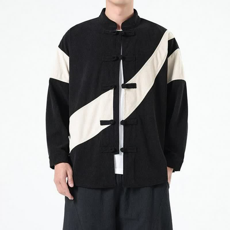 Buddha Stones Chaqueta de hombre de pana con botones de rana y estampado geométrico, estilo casual de otoño/invierno. - image 12