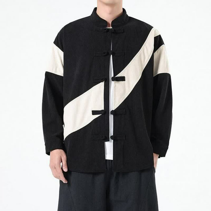 Buddha Stones Chaqueta de hombre de pana con botones de rana y estampado geométrico, estilo casual de otoño/invierno. - image 12