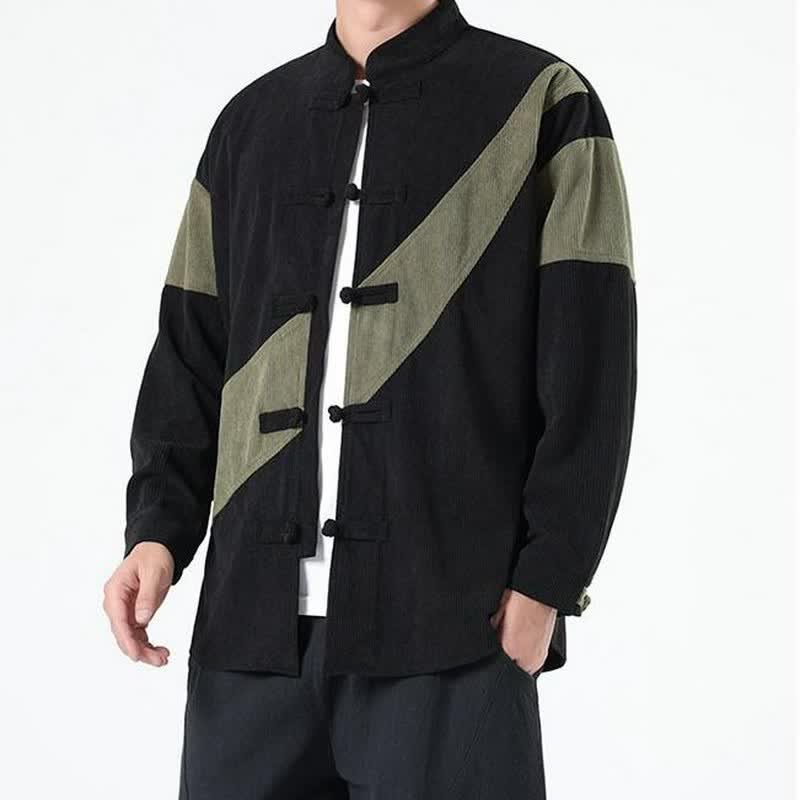 Buddha Stones Chaqueta de hombre de pana con botones de rana y estampado geométrico, estilo casual de otoño/invierno. - image 9