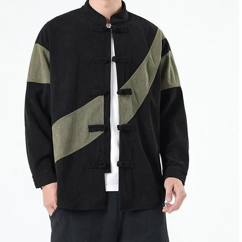 Buddha Stones Chaqueta de hombre de pana con botones de rana y estampado geométrico, estilo casual de otoño/invierno. - image 7
