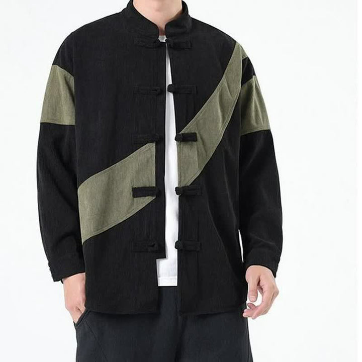 Buddha Stones Chaqueta de hombre de pana con botones de rana y estampado geométrico, estilo casual de otoño/invierno. - image 7