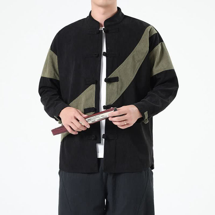 Buddha Stones Chaqueta de hombre de pana con botones de rana y estampado geométrico, estilo casual de otoño/invierno. - image 11