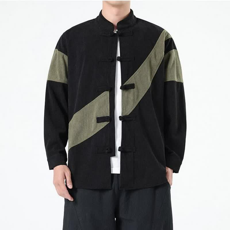 Buddha Stones Chaqueta de hombre de pana con botones de rana y estampado geométrico, estilo casual de otoño/invierno. - Verde oliva oscuro - US/UK/AU46, EU56 (5XL) - image 6