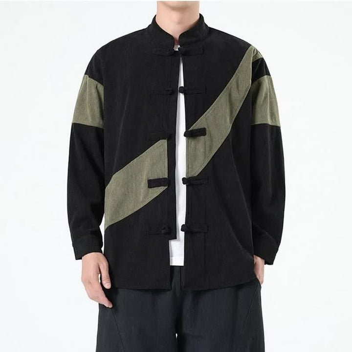 Buddha Stones Chaqueta de hombre de pana con botones de rana y estampado geométrico, estilo casual de otoño/invierno. - Verde oliva oscuro - US/UK/AU46, EU56 (5XL) - image 6
