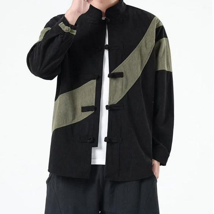 Buddha Stones Chaqueta de hombre de pana con botones de rana y estampado geométrico, estilo casual de otoño/invierno. - image 8